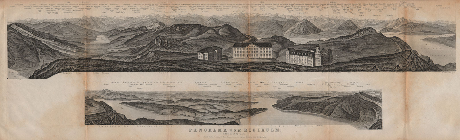 PANORAMA from/von RIGIKULM 1800m. Küssnacht. Switzerland Schweiz 1893 old map